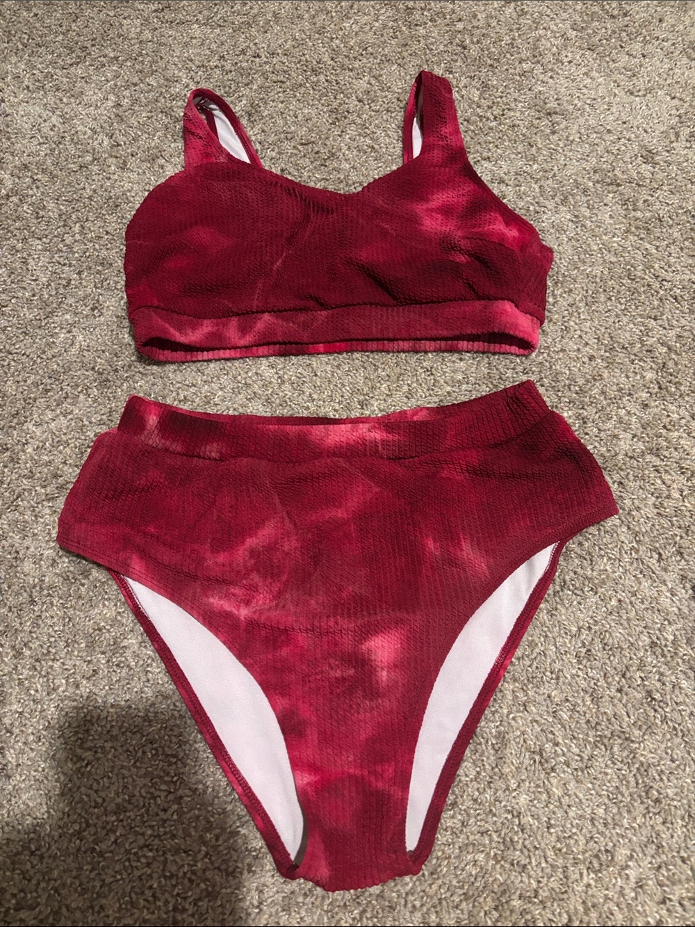 Women's Red Tie-Dye Ribbed High waisted Bikini Set